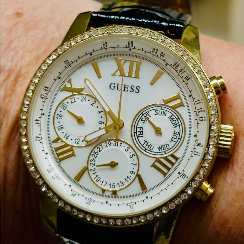 Guess Ladies Black and Gold Tone with Crystal Adornment  Multi Function Watch 🎁